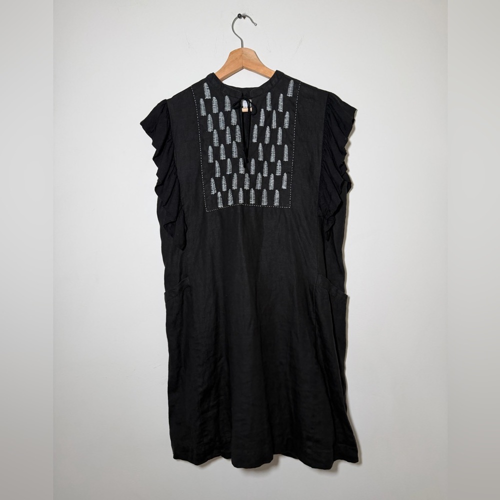 CASILDA MUT 100% LINEN HAND EMBROIDER SHIFT DRESS WITH POCKETS IN BLACK SIZE S